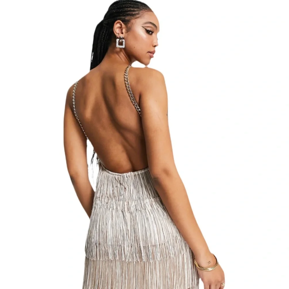 ASOS DESIGN Layered Fringe Tassel Mini Dress Chain Strap Showgirl Vibes Size 12 - Picture 6 of 15